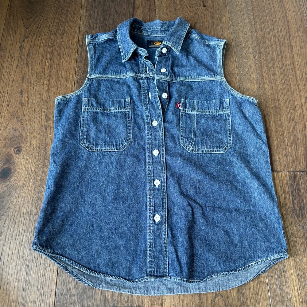 Vintage 90s/y2k Route 66 Sleeveless Button Down Denim Shirt, Size S